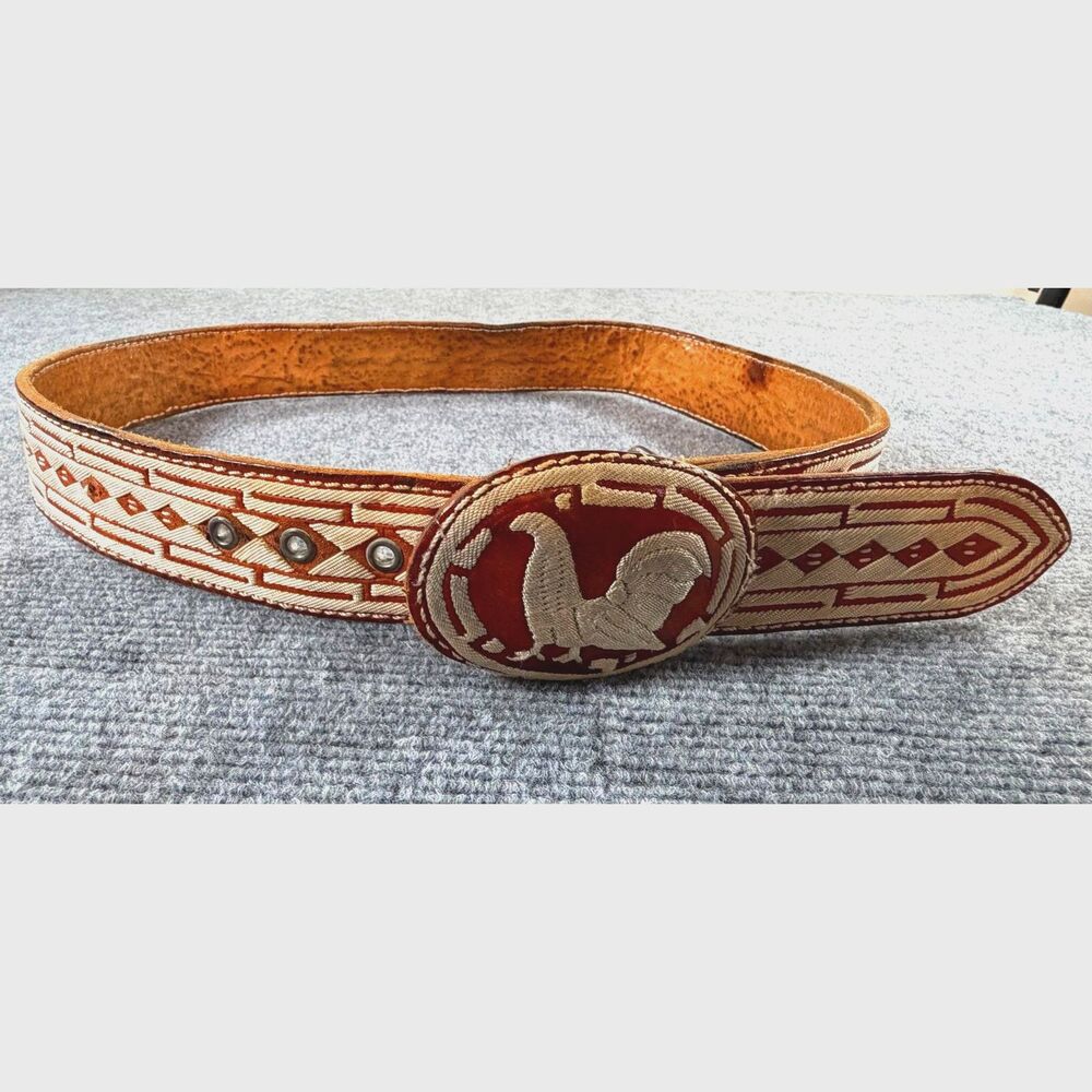 Vintage Southwestern Tooled Leather Belt Hand Stitched Gamecock Rooster Buckle